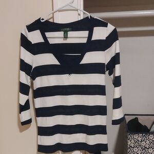 Lauren Ralph Lauren Navy & White Striped V-Neck Three-Quarter Sleeve Top
